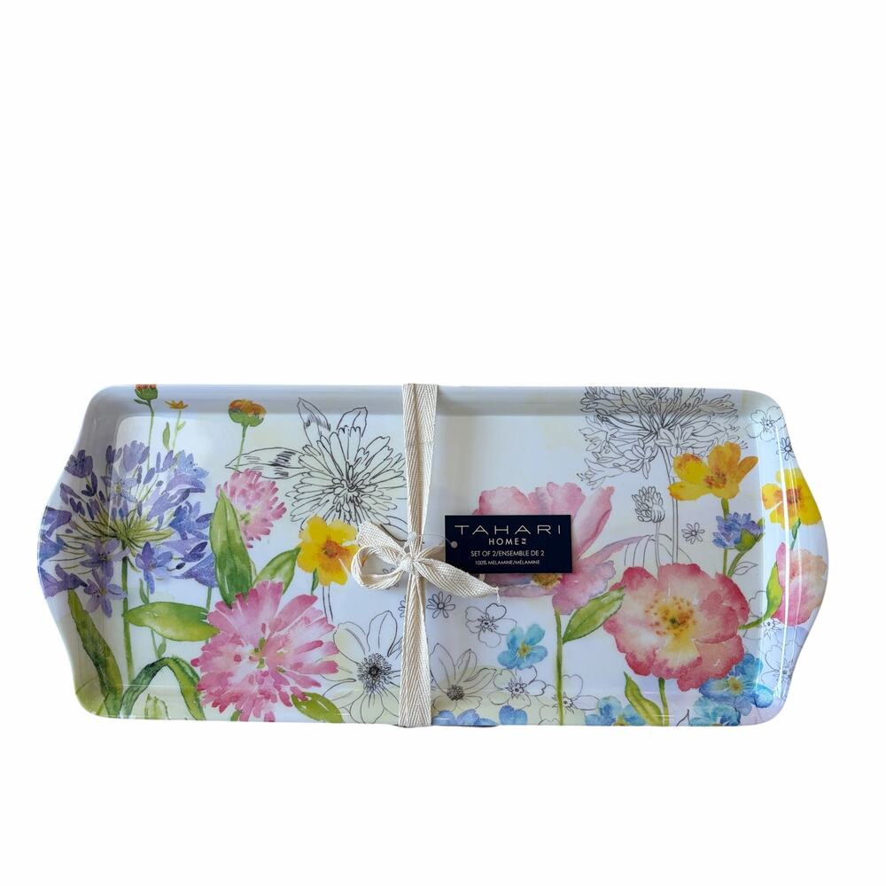 Set of 2 Tahari Floral Melamine Serving Trays 15" Pastel Spring Pop of Color NEW